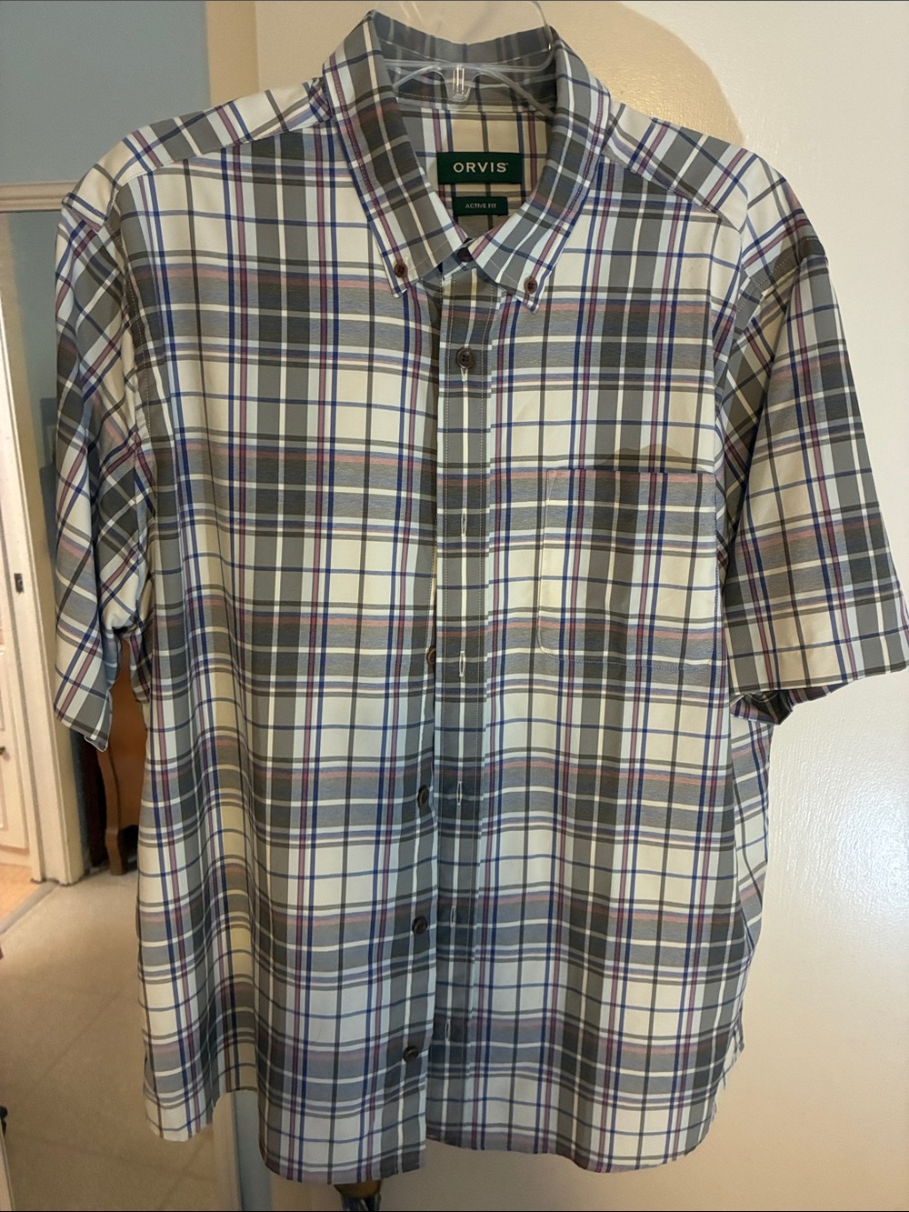 Orvis White, Gray and Blue Plaid Short-Sleeve Button-Down